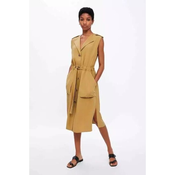 Zara Dress XS Butterscotch Khaki Vest Buttoned Waistcoat 1971026704 Lyocell - Picture 1 of 7